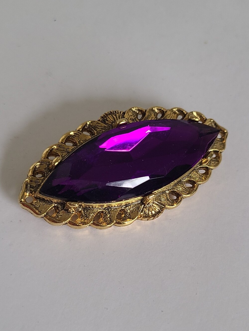 Vintage Costume Renaissance Revival Chunky Purple Rhinestone Gold Brooch Pin